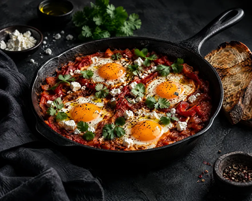 Shakshuka ahumada en sartén de hierro