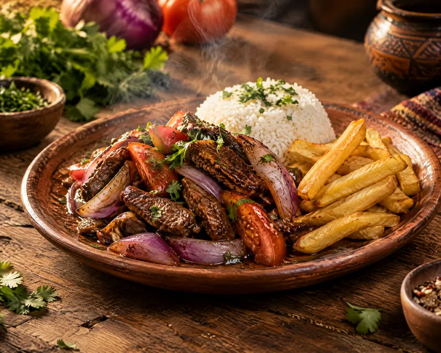 Lomo saltado clásico con papas y arroz